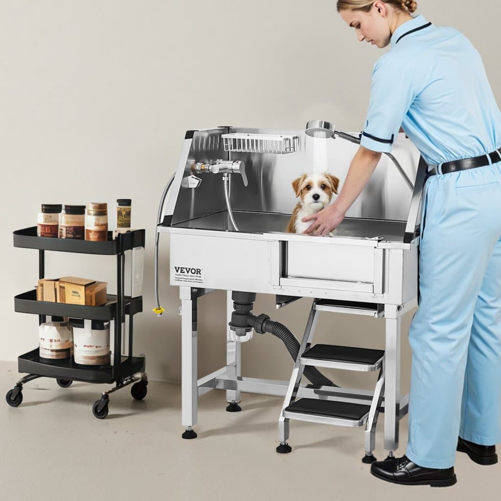 Oceľová vaňa na strihanie psov s priemerom 86,4 cm so schodíkmi a batériou, sprchová hlavica