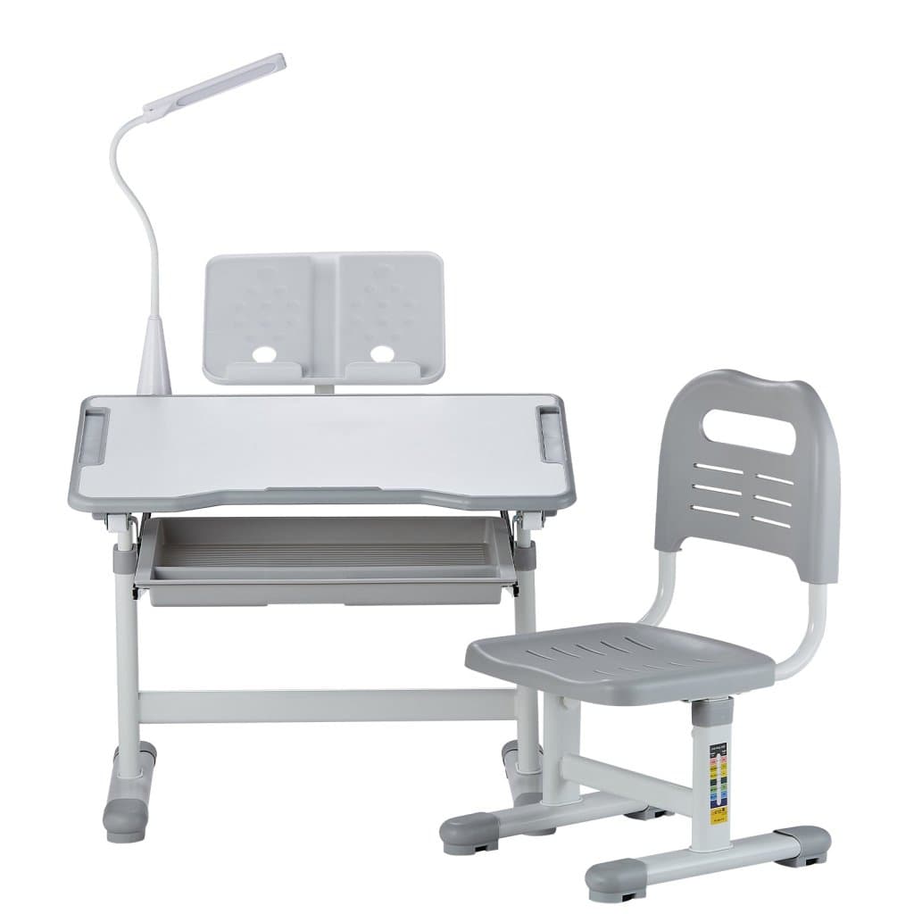 Detská stolička a stôl, stolová lampa, nastaviteľná výška a sklon, sivá