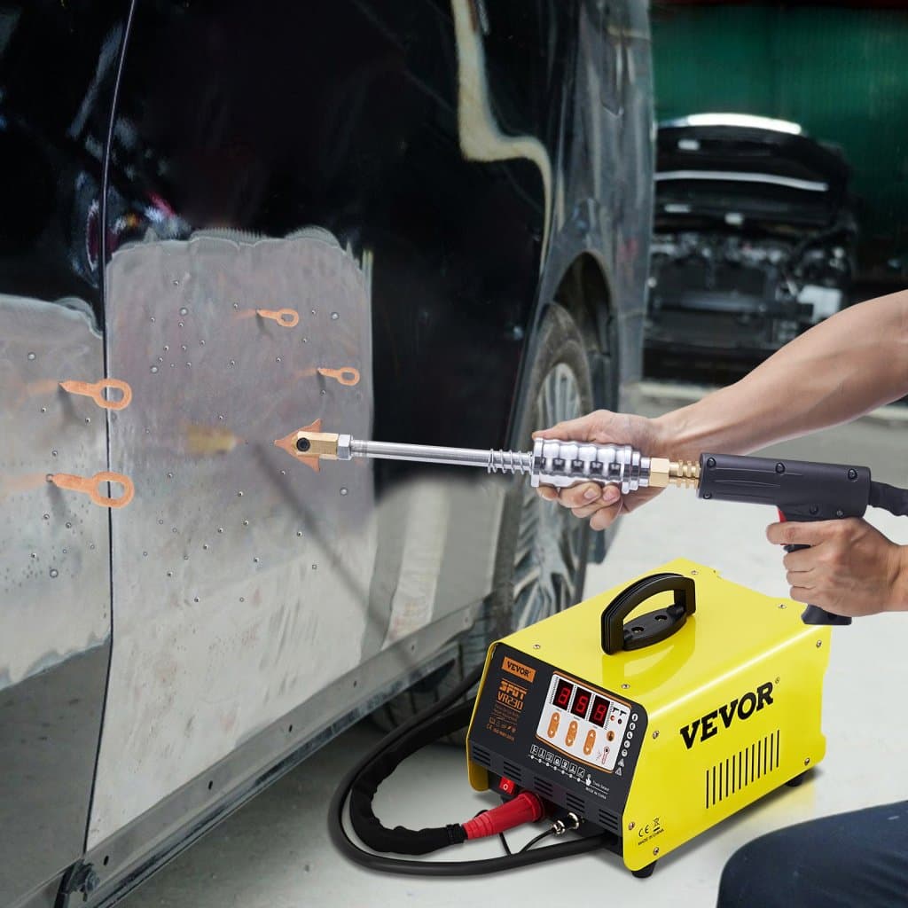 Súprava na opravu preliačin s bodovou zváračkou pre učenie, bodová zváračka na opravu preliačin 3 kW 220 V s 2 zváracími pištoľami, 7 režimov bodového zvárania na opravu preliačin na karosérii, s funkciou časového riadenia