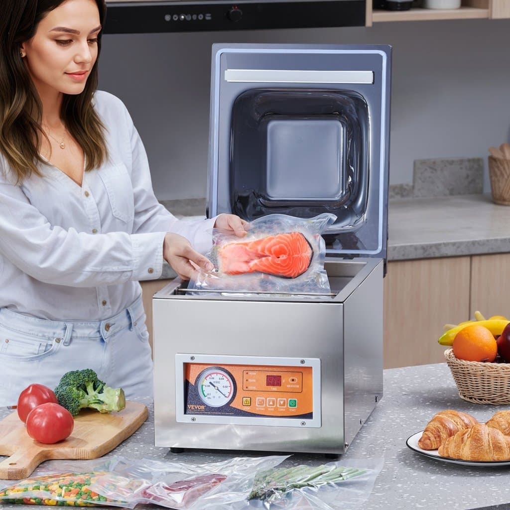 Komorová vákuovačka, zvárací výkon 260 W, zariadenie na vákuové balenie mokrých potravín, mäsa, marinád a ďalších, kompaktné rozmery, dĺžka zvárania 26,2 cm, na použitie v domácich kuchyniach a komerčných aplikáciách