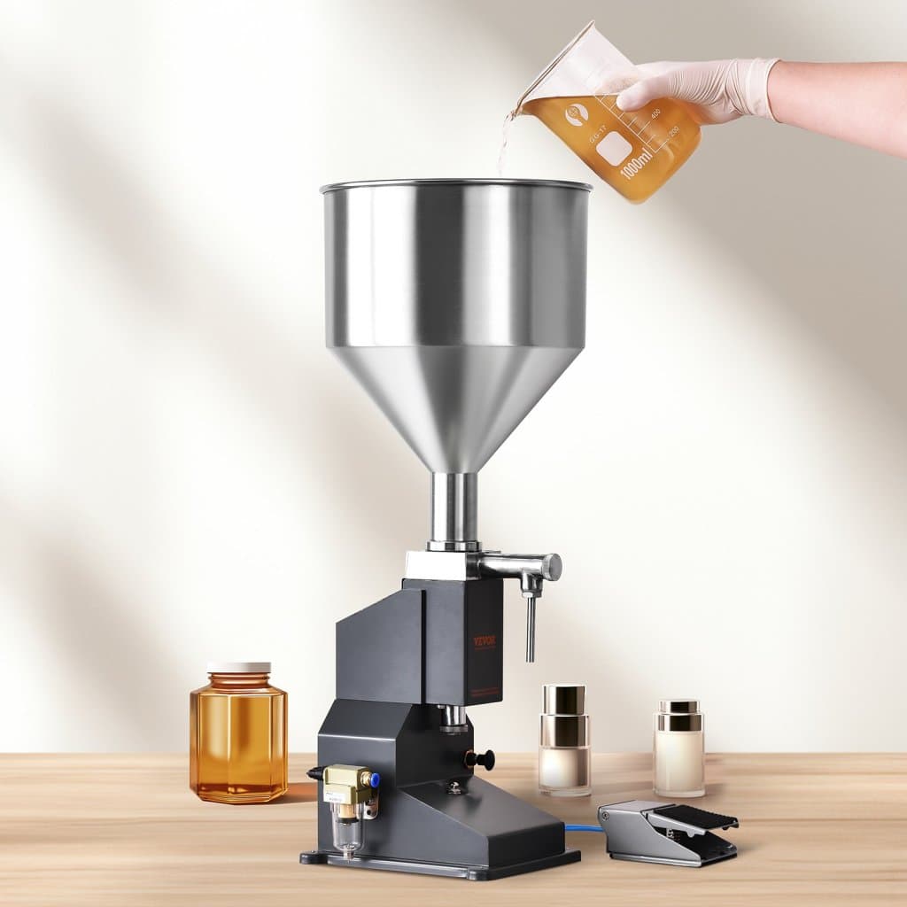 Pneumatický plniaci stroj na pasty, plniaci stroj na fľaše s objemom 5 – 50 ml, plniaci stroj na fľaše, plniaci stroj z nehrdzavejúcej ocele s pedálom na mlieko, vodu, džús, esenciálny olej, šampón, kozmetický mliečny med