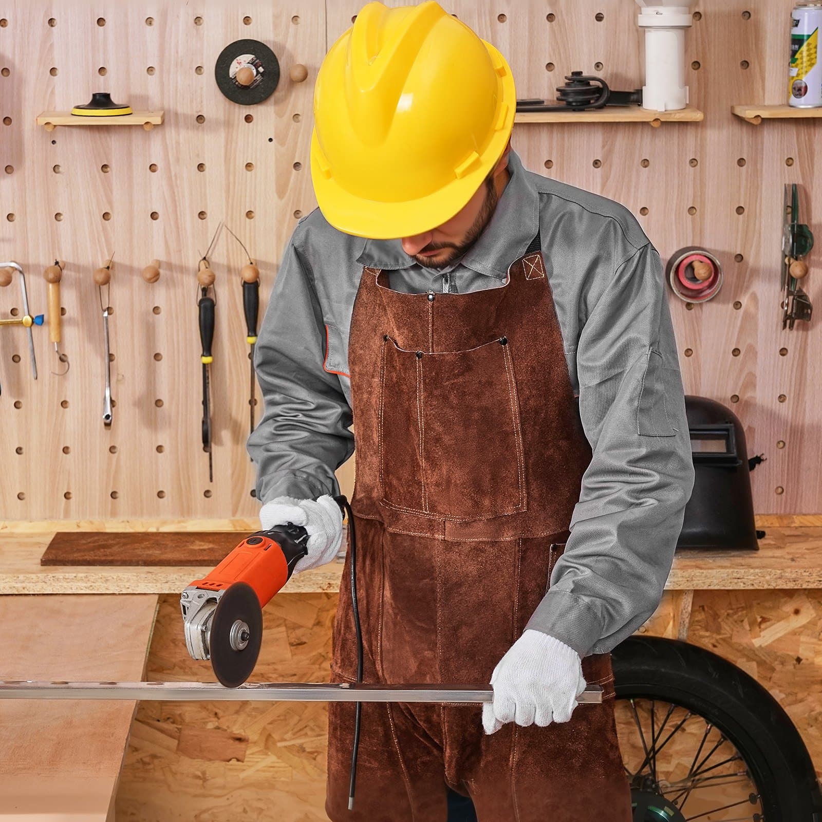 Kožená zváračská zástera s delenými nohavicami, odolná voči ohňu, hovädzia koža, veľkosť L