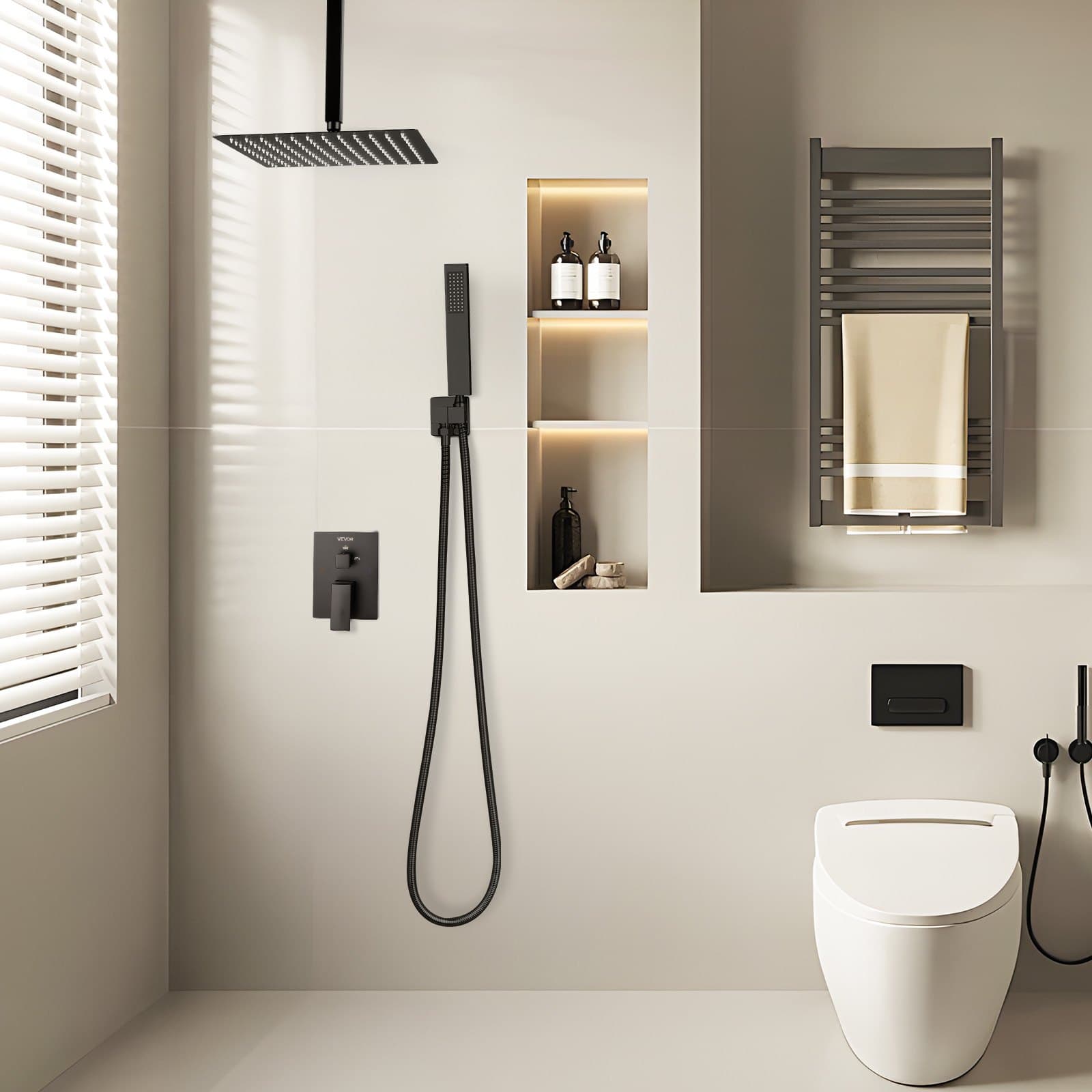 Sada sprchovej batérie, sprchový systém Rainfall do kúpeľne s 12-palcovou (30,5 cm) štvorcovou sprchovou hlavicou Rain a ručnou sprchou, stropné vaňové armatúry s mosadzným ventilom a obložkovou sadou, matná čierna