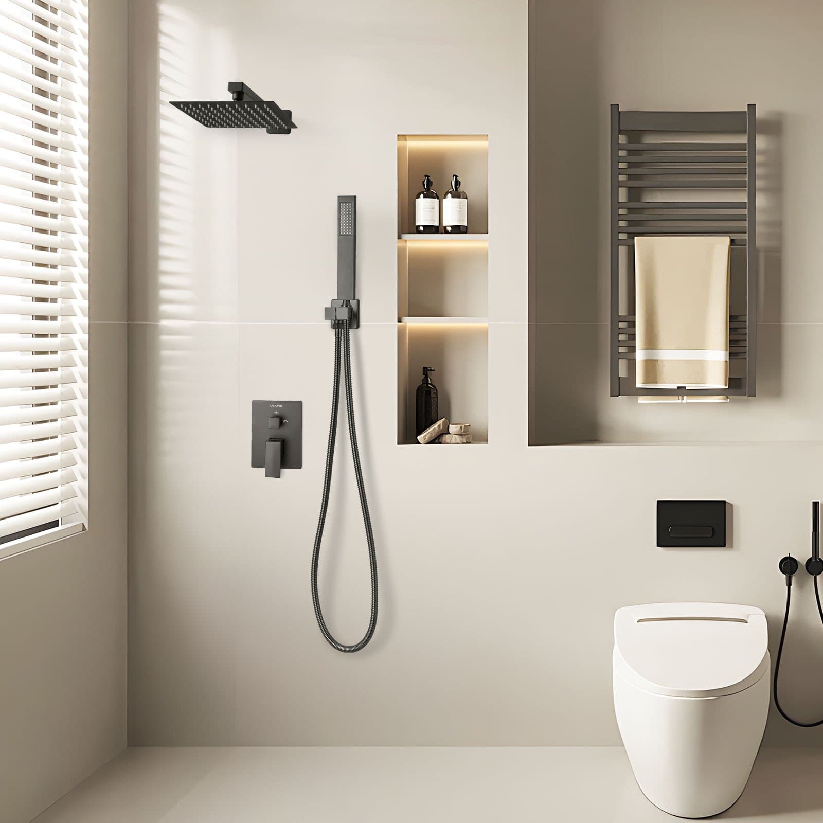 Sada sprchovej batérie, sprchový systém Rainfall do kúpeľne s 8-palcovou (20,3 cm) štvorcovou sprchovou hlavicou Rain a ručnou sprchou, nástenné vaňové armatúry s mosadzným ventilom a ozdobnou sadou, matná čierna