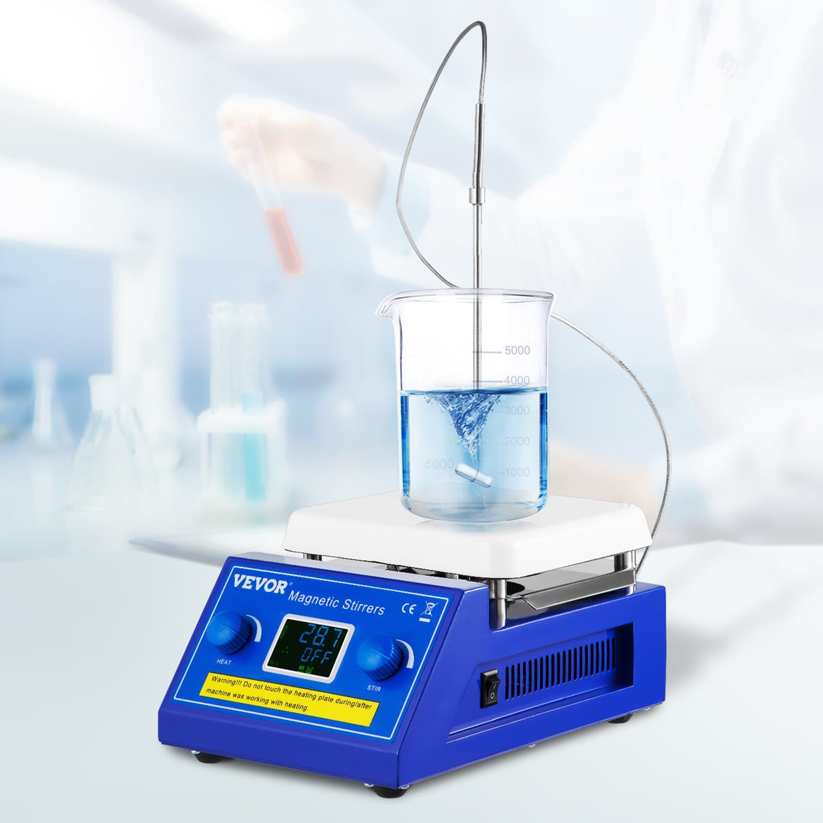 Magnetické miešadlo s vyhrievacou platňou, nastaviteľná rýchlosť 200 – 2 000 ot./min., veľký objem 5 l s LED displejom, laboratórne magnetické miešadlo s maximálnou teplotou ohrevu 320 °C, na ohrev laboratórnych kvapalín a Mi...