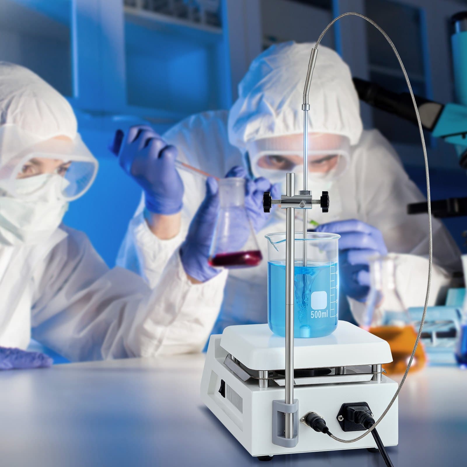 Magnetická miešacia platnička, max. 100 ℃, 0 – 2 000 ot./min. s magnetickým miešadlom, 2 000 ml miešadlo s LED obrazovkou, stojan a miešacie tyče sú súčasťou balenia, výkon 500 W