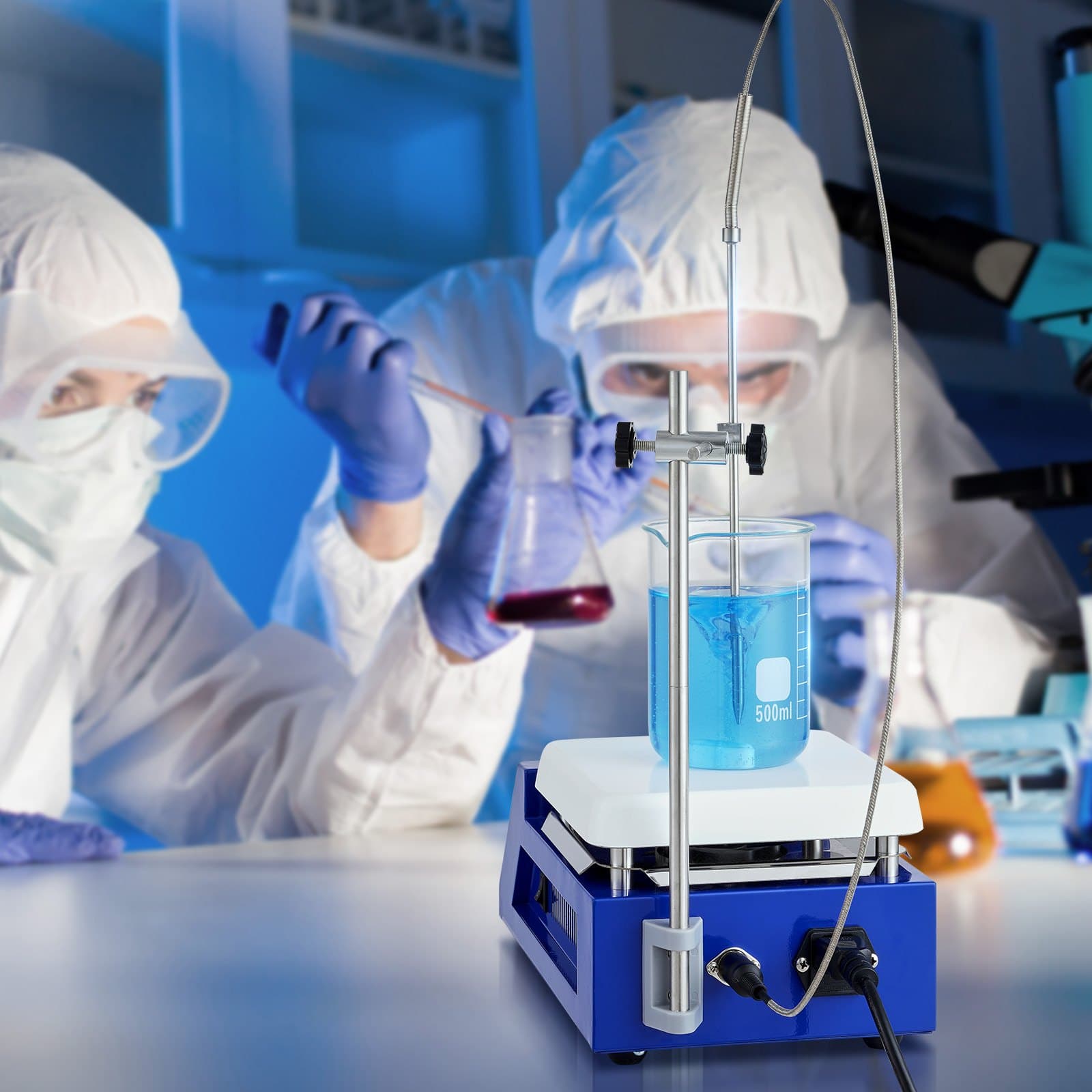 Magnetická miešacia platňa, max. 300 °C, 0 – 2 000 ot./min. s magnetickým miešadlom, miešadlo s objemom 5 000 ml s LED obrazovkou, stojanom a miešacími tyčami, výkon 500 W