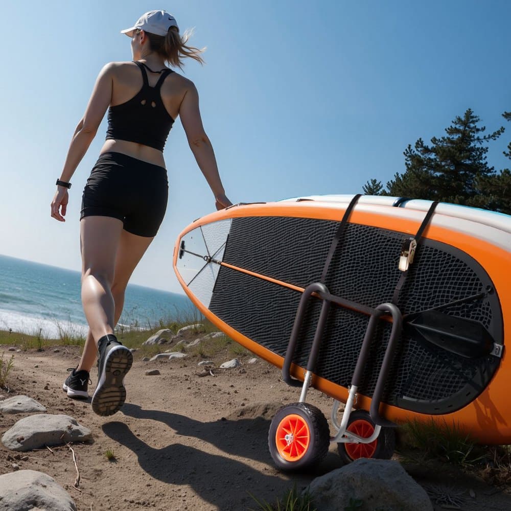 Vozík na kajak, nosnosť 68,0 kg, vozík na paddleboard s 25,4 cm plnými gumovými pneumatikami a stojanmi, nosič paddleboardu s račňovým popruhom na prepravu paddleboardu a surfboardu
