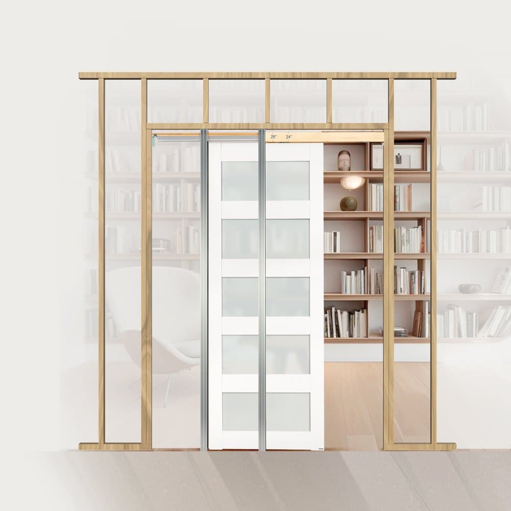 Posuvné dvere do vreckového puzdra, 765 x 2035 mm, 5-lite matné sklenené jednoposuvné dvere s kovaním, robustná doska z masívneho dreva a MDF s vodeodolným povrchom do spálne, kuchyne, pracovne