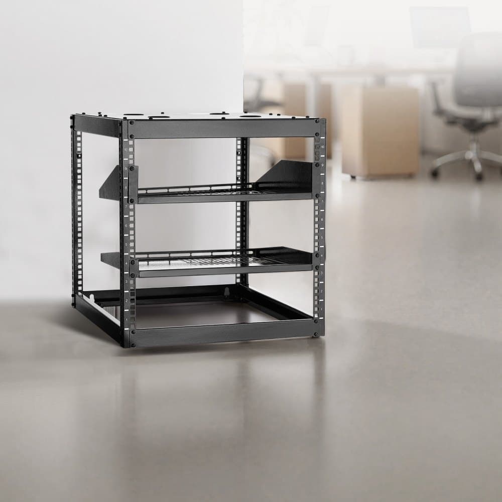 10U sieťový rack s otvoreným rámom, hĺbka 585 mm, nástenný alebo stojaci serverový rack, odolný 4-stĺpový, s vetranými policami a montážnym hardvérom, pojme všetky vaše sieťové IT zariadenia, AV zariadenia.