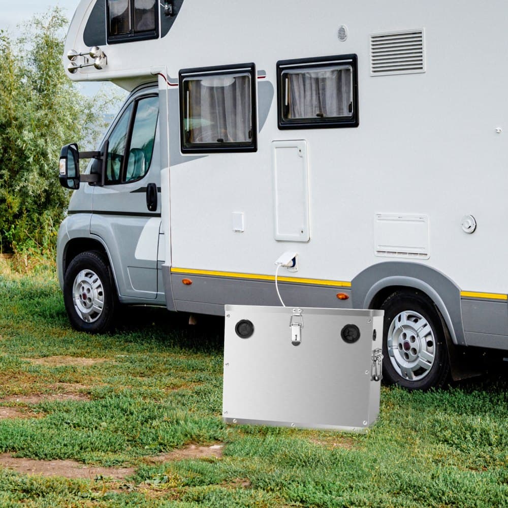 Batériový box, Batériový box pre vlečné motory skupiny 24/31, Puzdro na lodné batérie so zámkom, rukoväťami a gumovými priechodkami na káblové otvory, plášť z nehrdzavejúcej ocele, vhodné pre autá, lode a vlečné motory