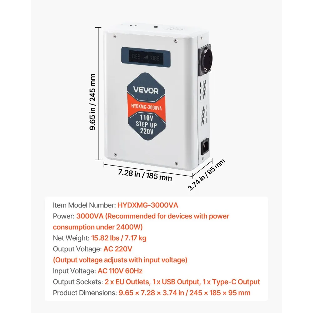 Zvyšujúci menič napätia, 3000VA, výkonný menič napätia, transformátor 110V na 220V, s 2 zásuvkami EU, USB výstup, LCD displej, teplotná ochrana, pre spotrebiče 220V