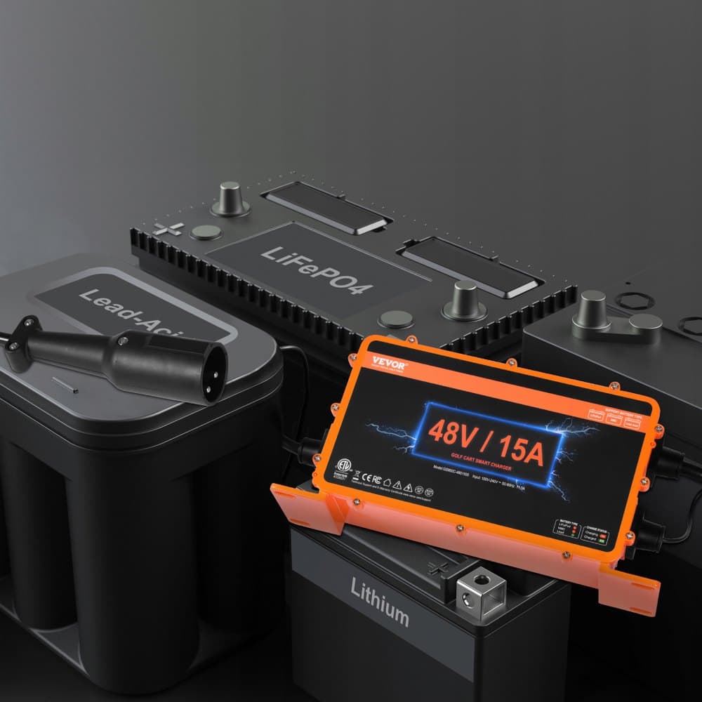 48-voltová nabíjačka batérií pre golfový vozík, 15 AMP, inteligentná nabíjačka batérií s 3-kolíkovou okrúhlou zástrčkou, kompatibilná s olovenými batériami AGM/GEL/EFB MF, NMC LiFePO4 a zaplavenými batériami pre klubové vozidlá, certifikácia IP67 ETL