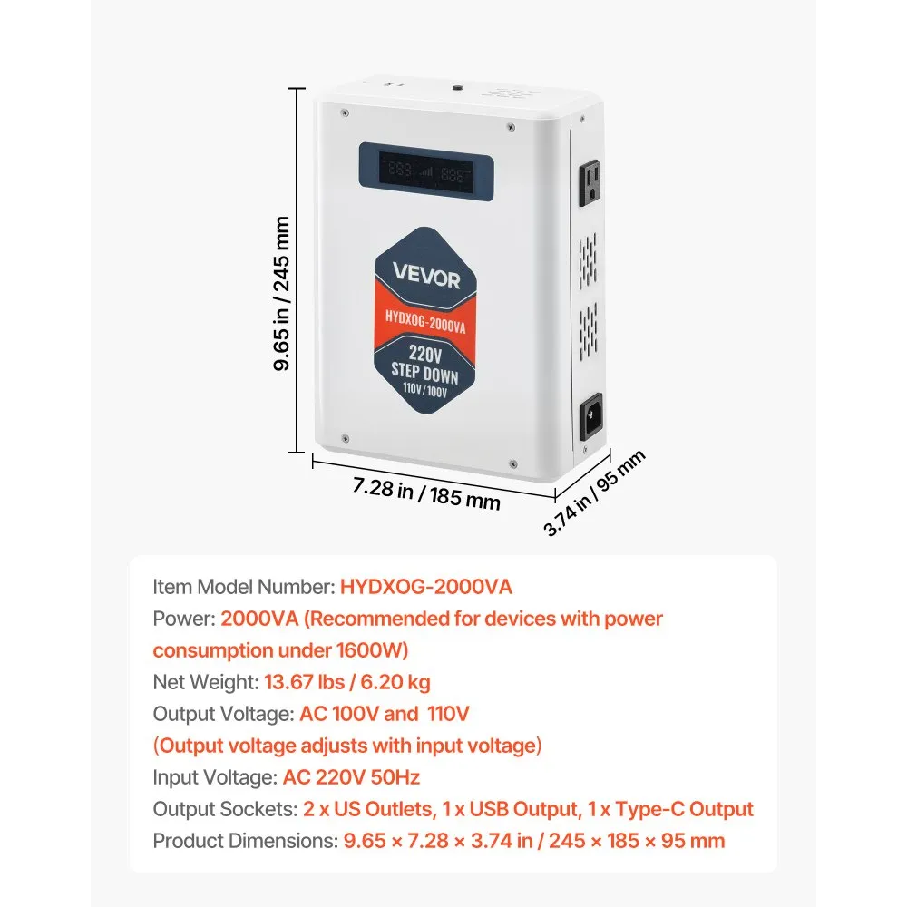 Znižujúci menič napätia, 2000VA, výkonný menič napätia, transformátor z 220 V na 110 V, s 2 americkými zásuvkami, USB výstup, LCD displej, teplotná ochrana, pre spotrebiče 110 V