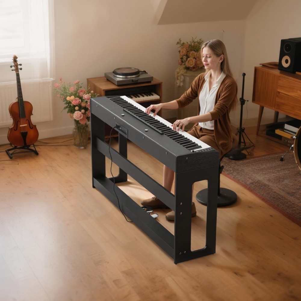 Vážené digitálne piano, 88 klávesov, plne vážené, elektrické klavírne klávesy s nábytkovým stojanom, napájací adaptér, trojitý pedál, funkcia nahrávania, 280 tónov, bezdrôtové pripojenie, pre začiatočníkov, čierne