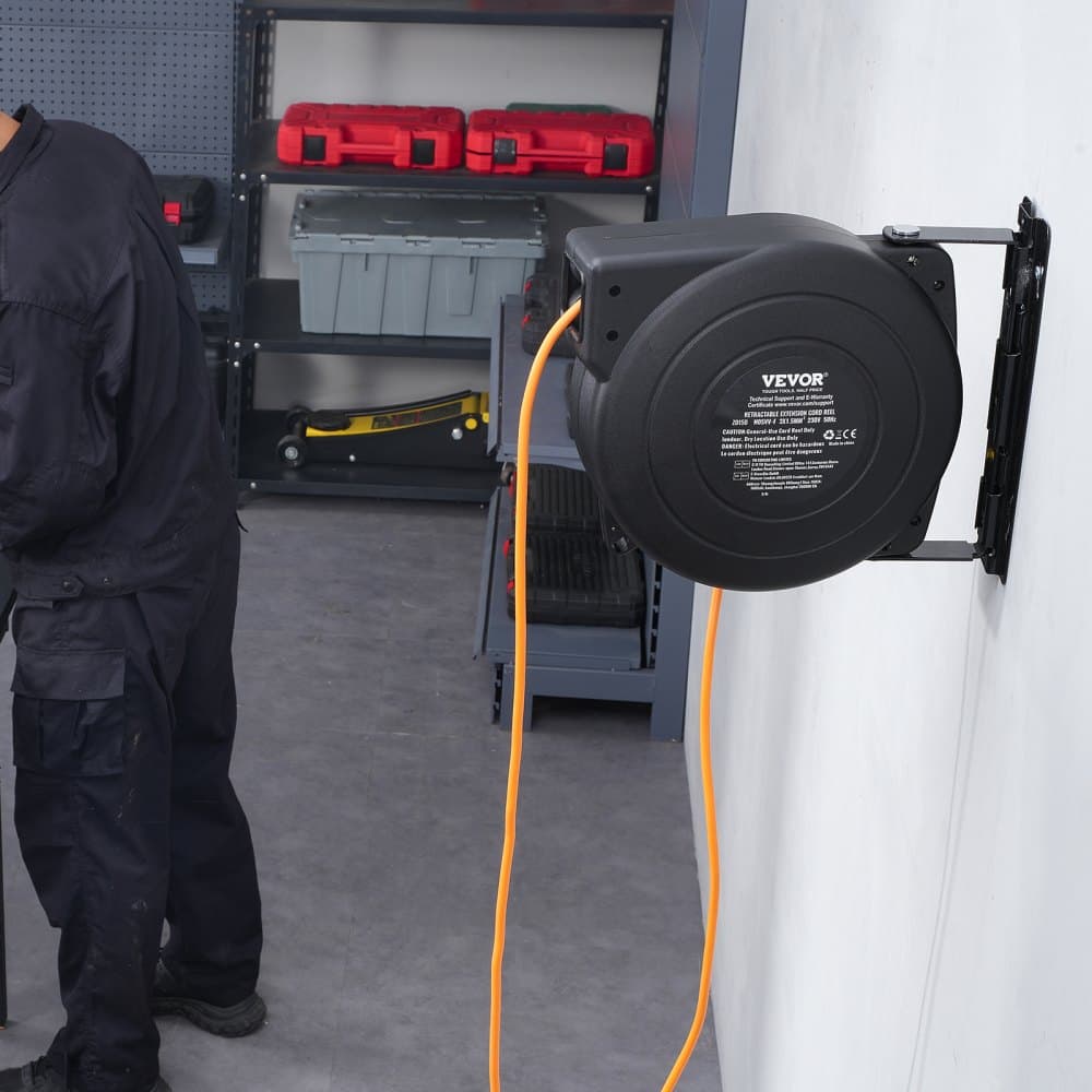 Navíjací predlžovací kábel na cievke, 19 m, 1000 W, odolný navíjací napájací kábel s prívodným káblom 1 m, ochrana proti prehriatiu, PP plášť, otočný držiak o 180° pre montáž na strop alebo stenu