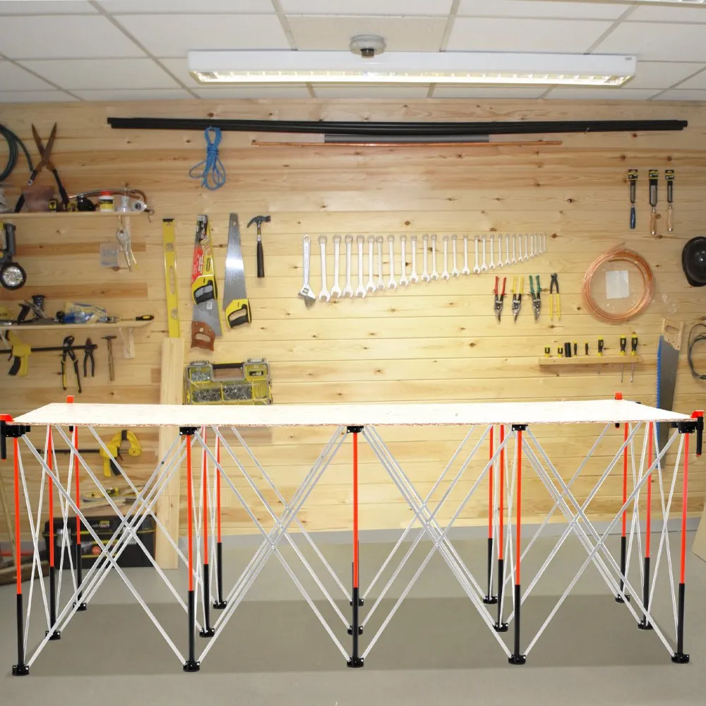 Prenosný skladací pracovný stojan, skladací pracovný stôl 2455 x 1260 mm, nosnosť 2724 kg, bez montáže, skladací pracovný stojan s úložným vreckom, doska stola NIE JE súčasťou balenia, pre garážové a dielenské použitie vonku