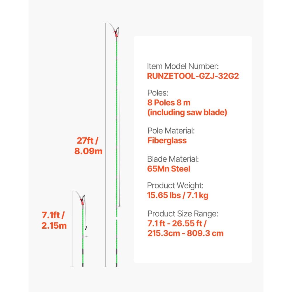 Ručná tyčová píla, výsuvné nožnice na stromy s dĺžkou 118 – 809,3 cm s nožnicami, ostrý oceľový nôž 65Mn, ľahká rukoväť zo sklenených vlákien, na orezávanie vysokých konárov, nástroj na orezávanie paliem a kríkov.