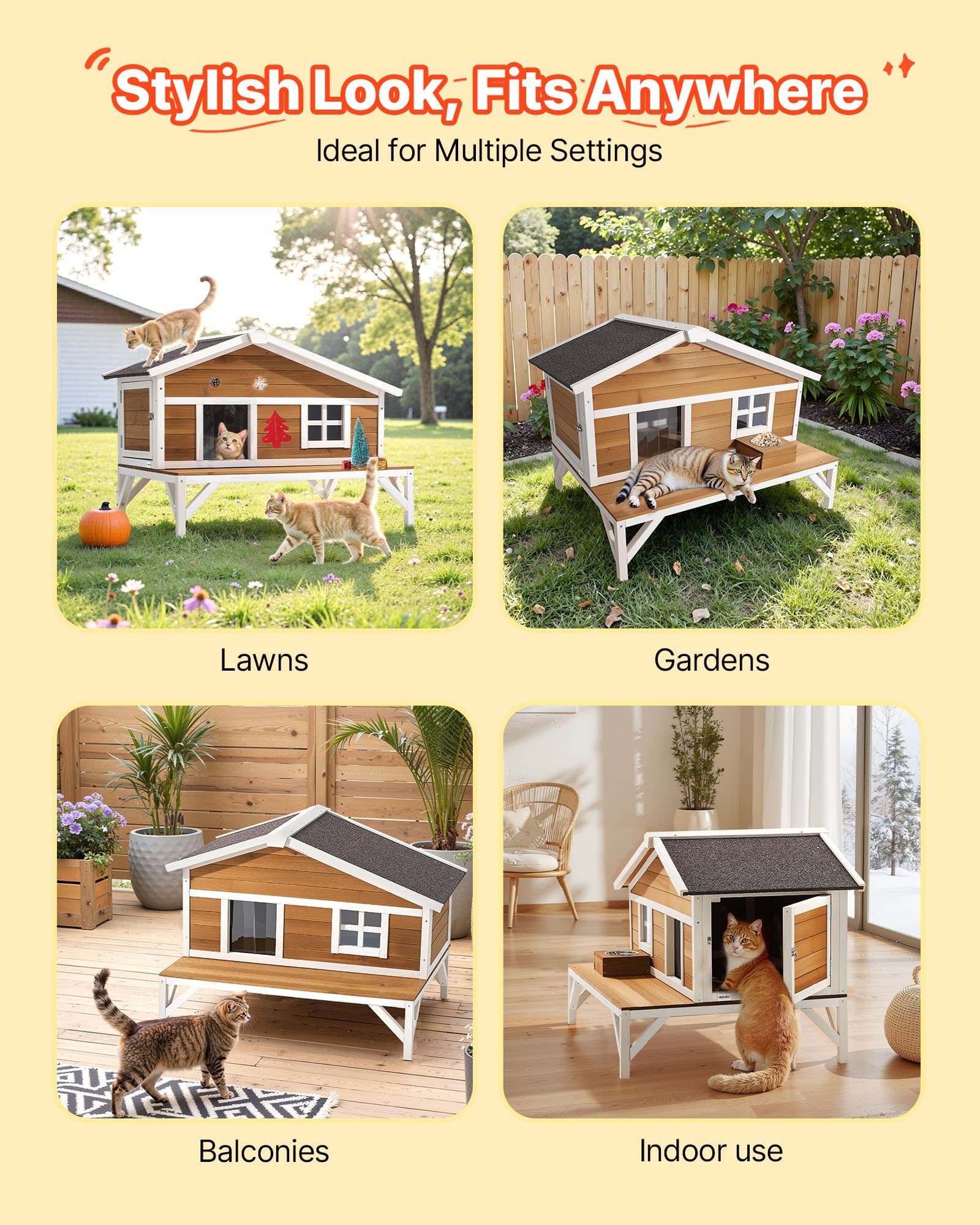 Izolovaný mačací domček, vyvýšený prístrešok pre mačky s celoplošnou izoláciou z peny, drevený prístrešok pre divoké mačky s veľkou plošinou, vodotesné mačacie byty pre vnútorné aj vonkajšie mačky v zime 110 x 85 x 78 cm