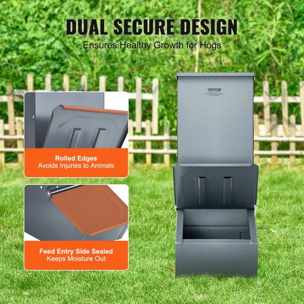 Kŕmidlo pre ošípané, objem 2,2 bušlov, kŕmidlo pre ošípané s jednými dverami, odolné oceľové kŕmidlo pre prasiatka, viacúčelové korytové kŕmidlo, vonkajšie kŕmidlo pre hospodárske zvieratá, príslušenstvo pre farmu na kŕmenie až 5 ošípaných