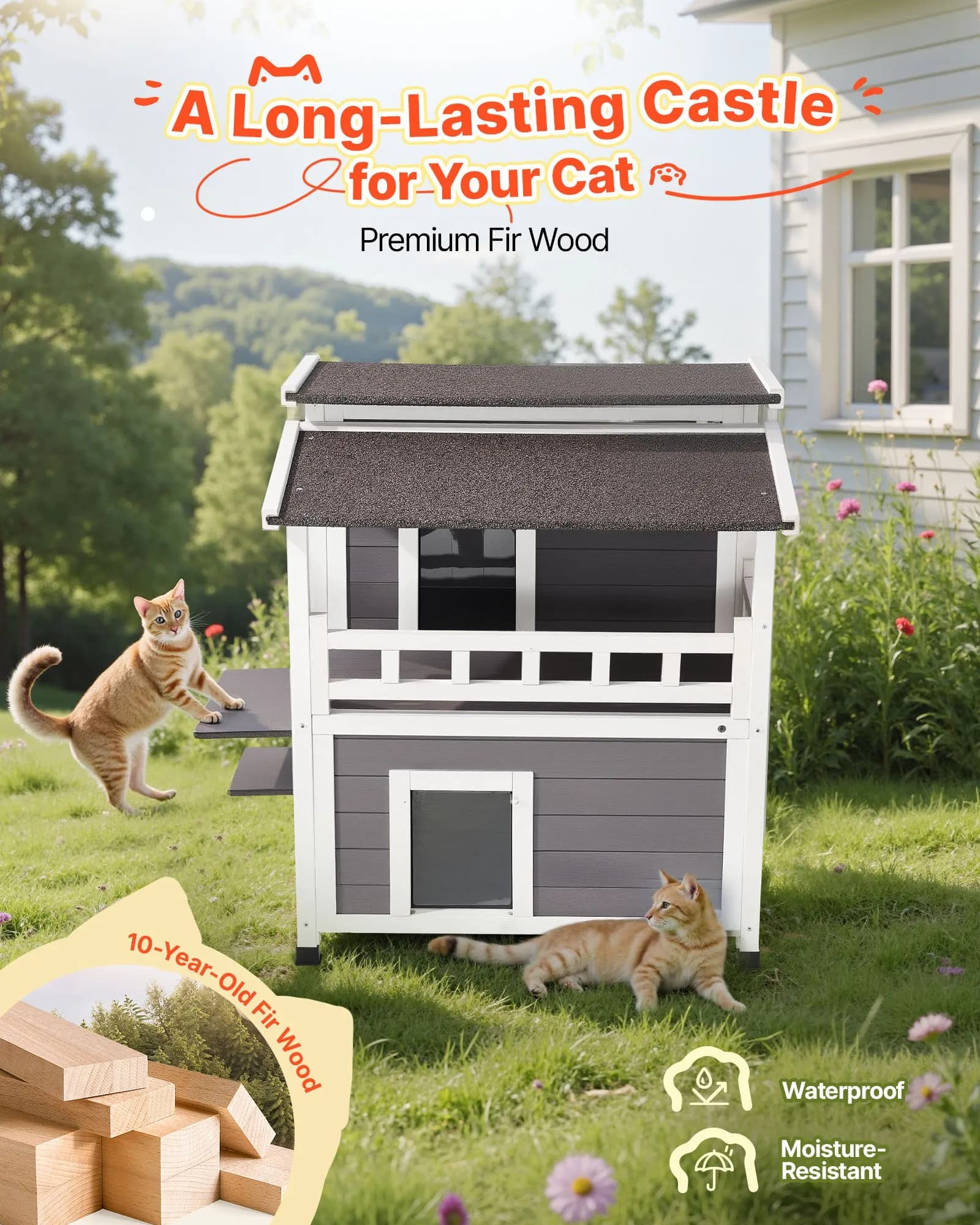 Izolovaný mačací domček, 2-poschodový drevený prístrešok pre mačky, penová izolácia, prístrešok pre divé mačky s balkónom, vodeodolné byty pre mačky do interiéru aj exteriéru, 1-3 mačky v zime, 84 × 75 × 82 cm