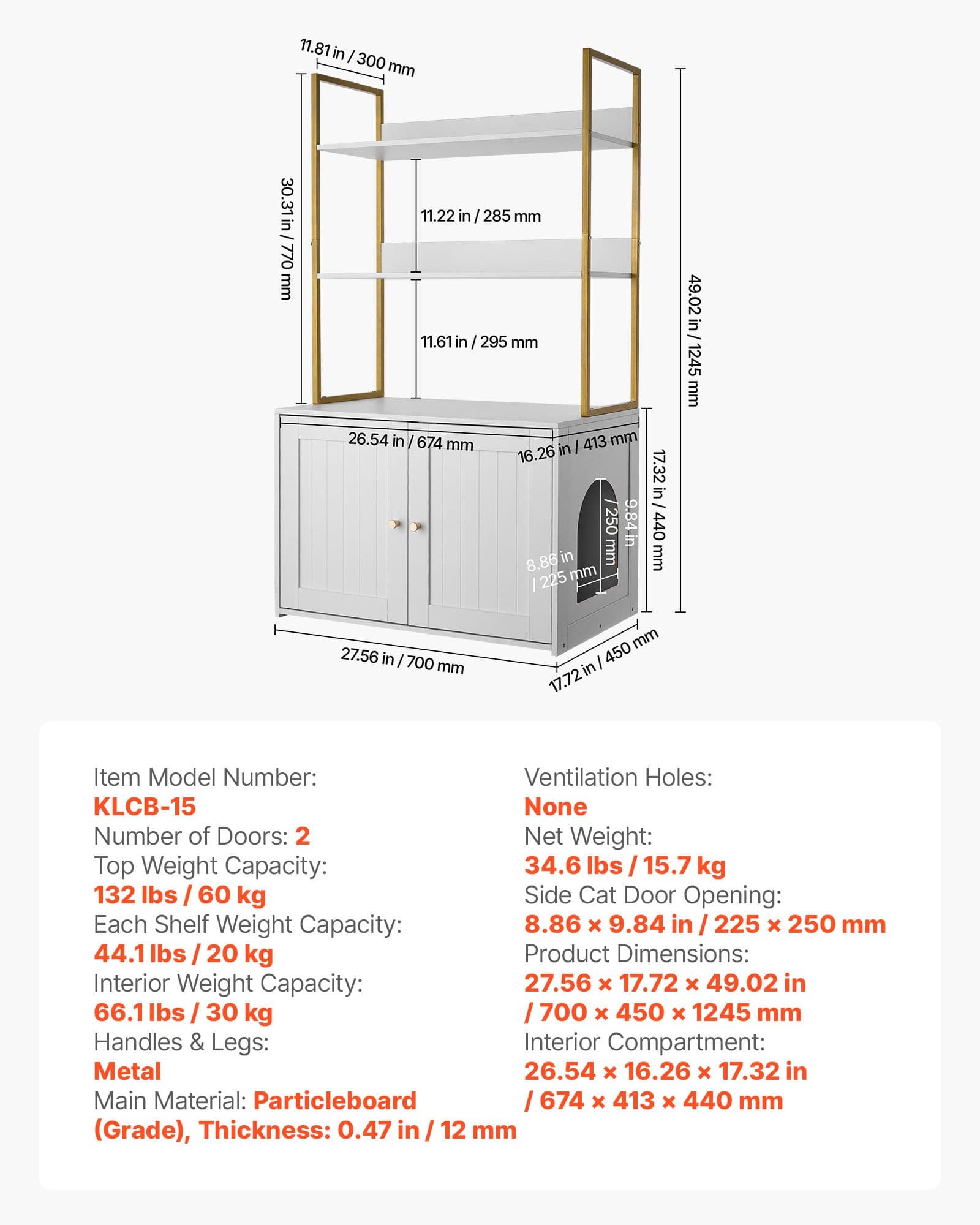 Nábytok do mačacej toalety, 70 cm skrytá skrinka na toaletu s kovovými nohami a 2-poschodovými úložnými policami, vodotesná mačacia toaleta, mačacia búdka, vhodná do väčšiny mačacích toalet, do obývačky