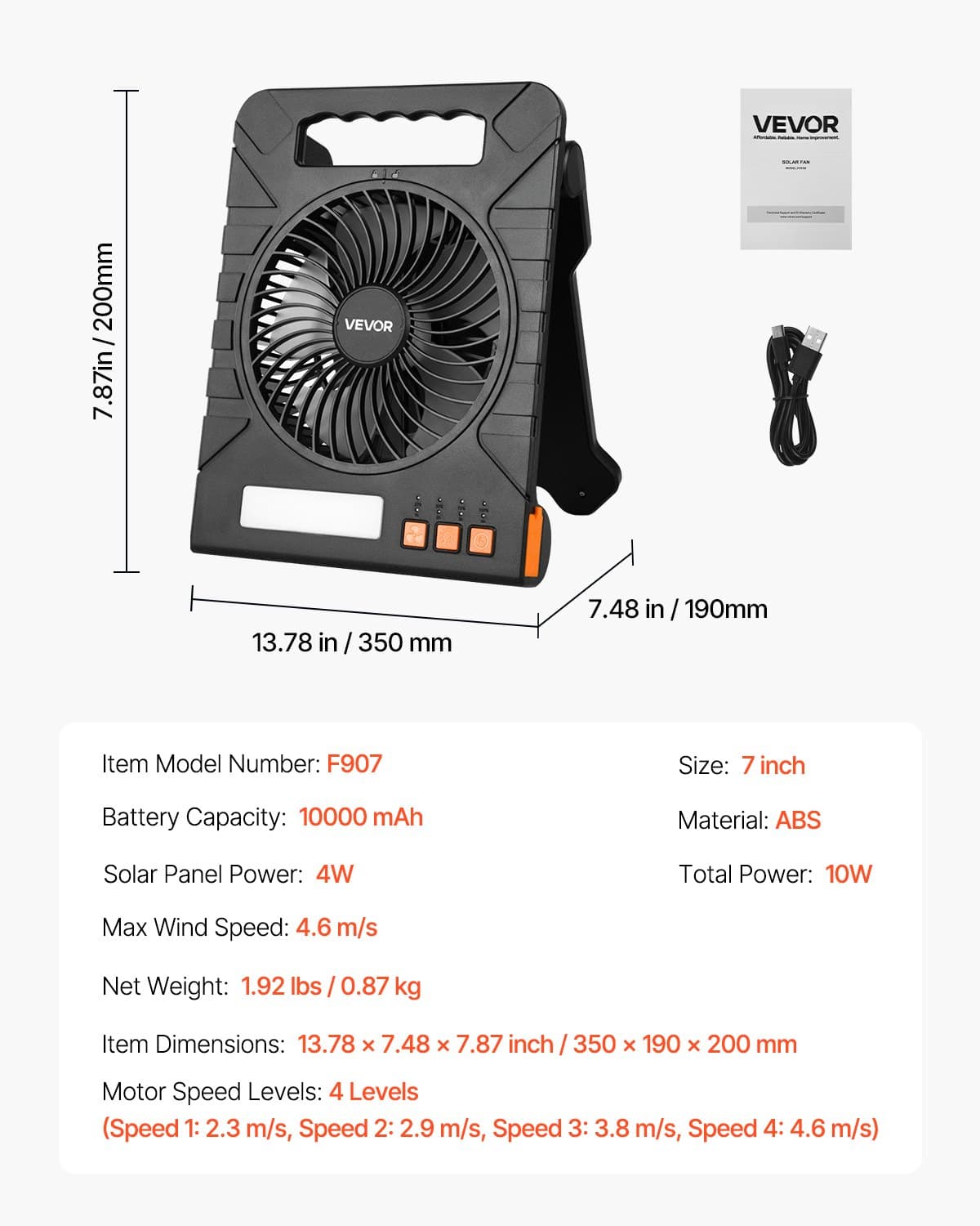 Nabíjateľný solárny ventilátor s kapacitou 10 000 mAh a LED lampášom, prenosný bezdrôtový ventilátor s výkonom 4 W, skladací solárny panel, 4 rýchlosti, časovač a tichý chod, napájaný z batérie USB, pre kemping, stan, pracovisko, kancelársky stôl.