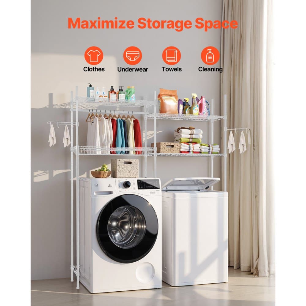 Police nad práčku a sušičku, 4-úrovňový sušiak do práčovne s vešiakovou tyčou a háčikmi, dva rady nastaviteľných políc na práčku, šetria miesto, na úložný priestor a organizáciu v práčovni, biele