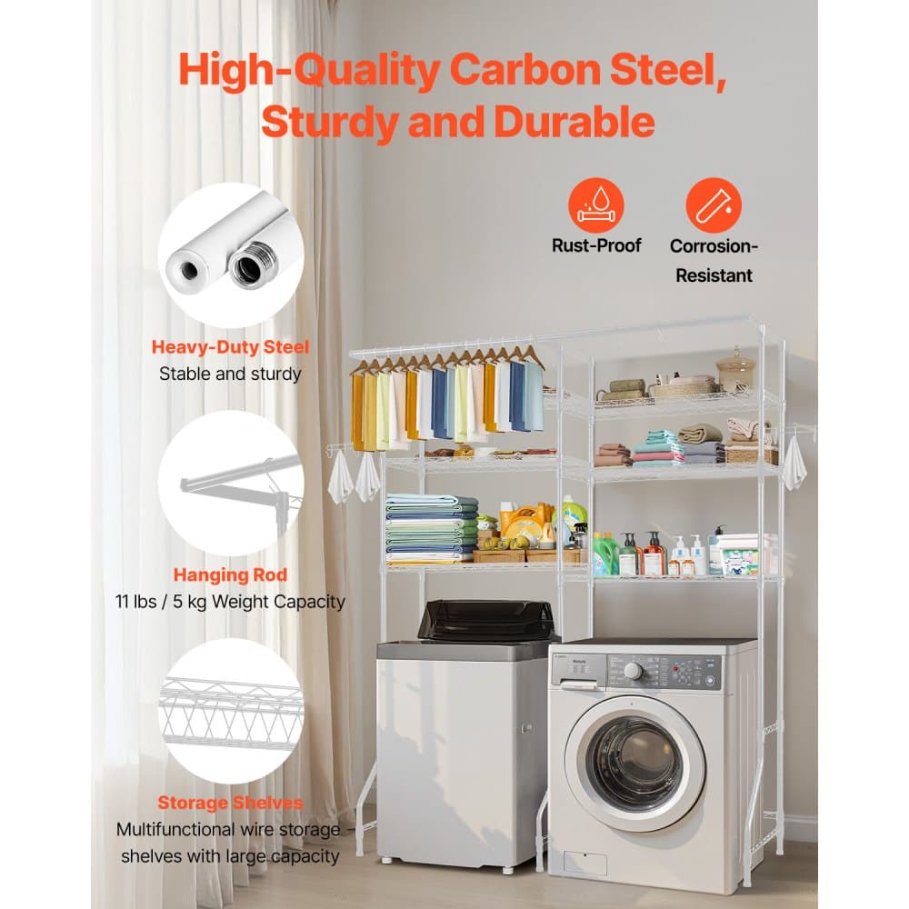 Police nad práčku a sušičku, 6-úrovňový sušiak do práčovne s vešiakovou tyčou a háčikmi, dva rady nastaviteľných políc na práčku, šetria miesto, na úložný priestor a organizáciu v práčovni, biele