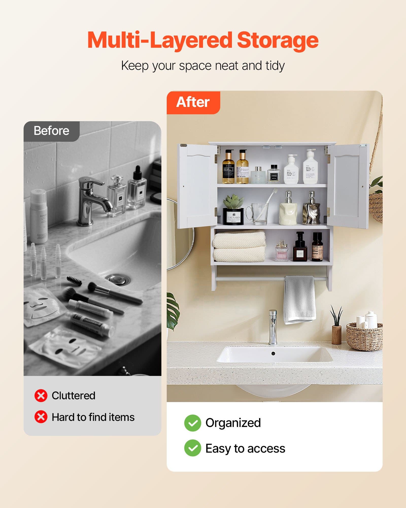 Nástenná kúpeľňová skrinka, 2 dvierka a nastaviteľná polica, nad toaletu, úložná skrinka na lieky, nástenná, závesný organizér s otvorenou priečkou a držiakom na uteráky, do kuchyne, práčovne, biela
