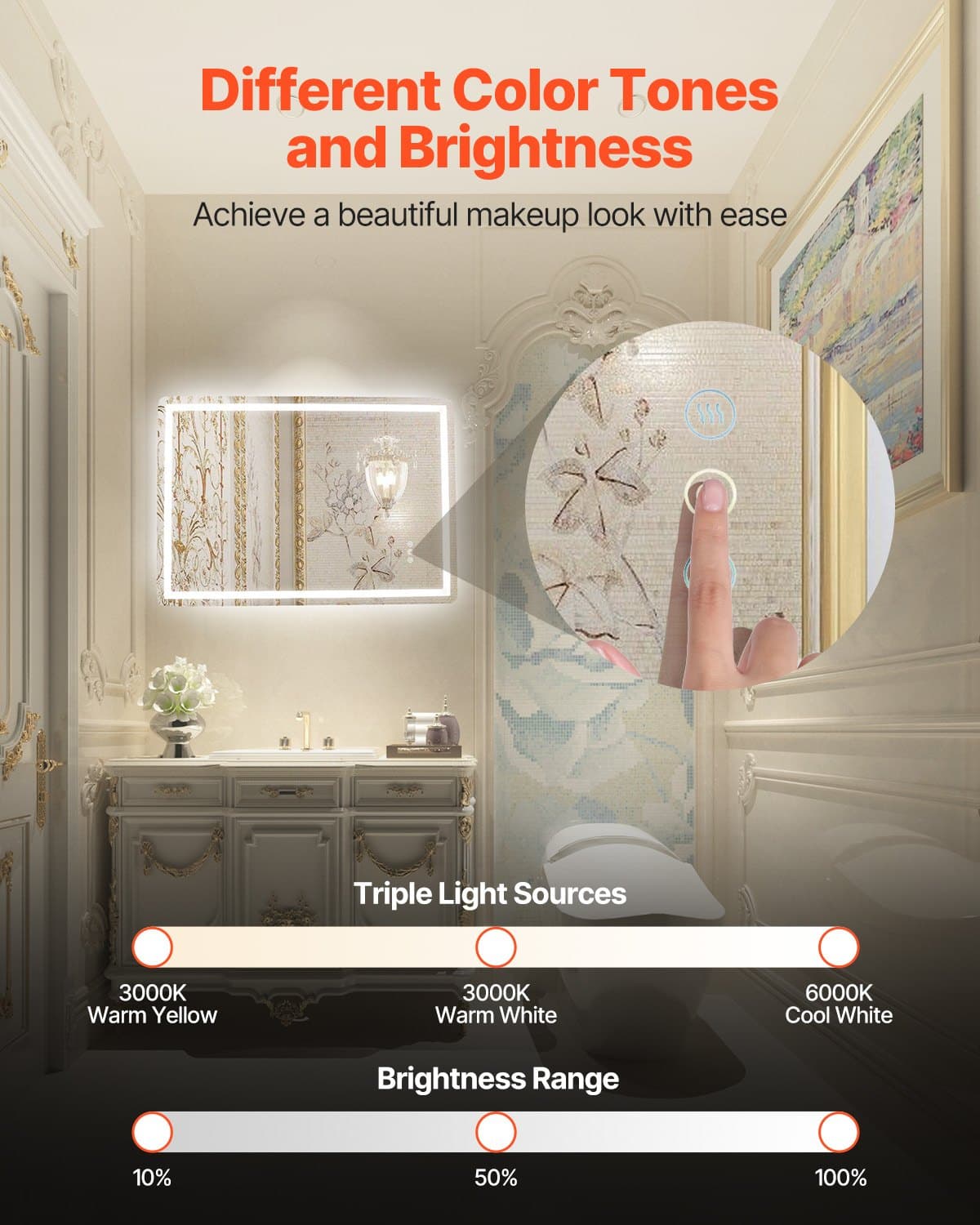 LED kúpeľňové zrkadlo, 70 x 100 cm LED kúpeľňové zrkadlo s predným a podsvietením, zrkadlo s pamäťovou funkciou proti zahmlievaniu so svetlami, plynule stmievateľné v 3 farbách, nástenné