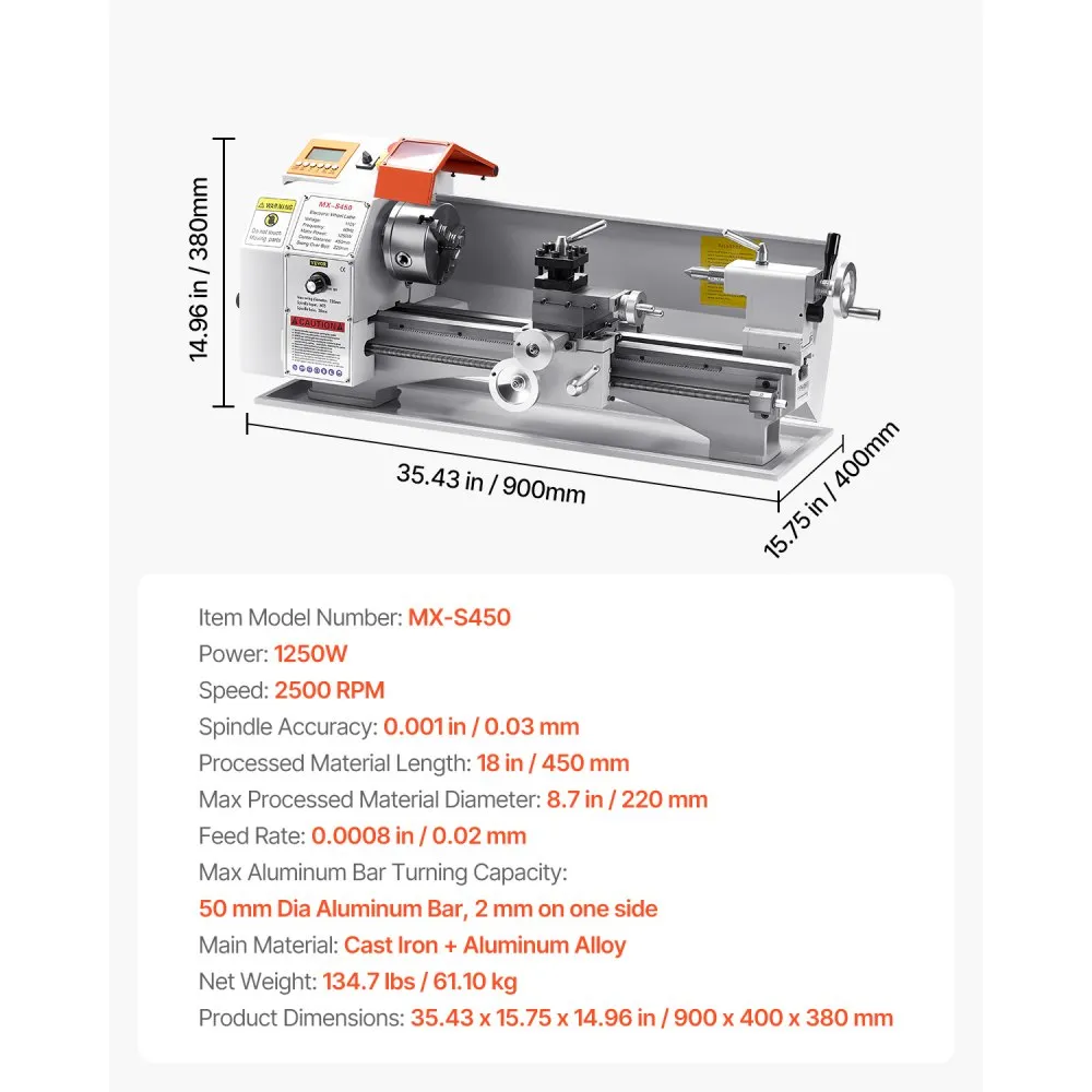 Sústruh na kov, 220 x 450 mm (8,7 x 18 palcov), presný stolový sústruh na kov, automatické podávanie, variabilná rýchlosť 0 – 2 500 ot./min., bezuhlíkový motor 1 250 W, na spracovanie presných dielov z mäkkých kovov, dreva a plastov