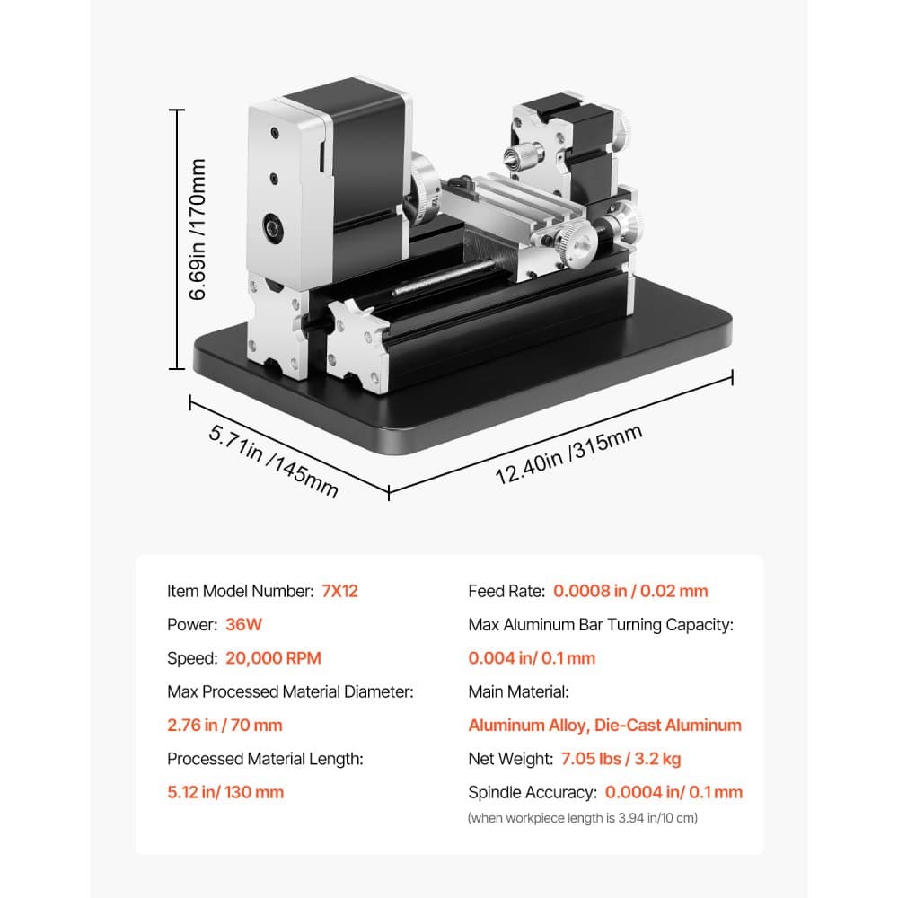 Didaktický mini sústruh na kov, 70 x 130 mm (2,76 x 5,12 palca), výkonný sústruh na kov 36 W, otáčky 20 000 ot./min., s 3-čeľusťovým skľučovadlom, ručné koleso z hliníkovej zliatiny, na spracovanie presných dielov z mäkkých kovov, dreva a plastov