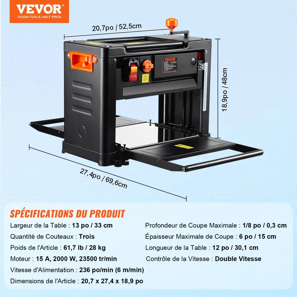 Hrúbková hobľovačka, dvojrýchlostná, pracovný stôl so šírkou 33 cm, stolová hobľovačka, trojčepeľová, výkonný motor 15 A/B a 2000 W, predĺžený podávací stôl 30,5 cm, nízka hlučnosť na odstraňovanie tvrdého aj mäkkého dreva